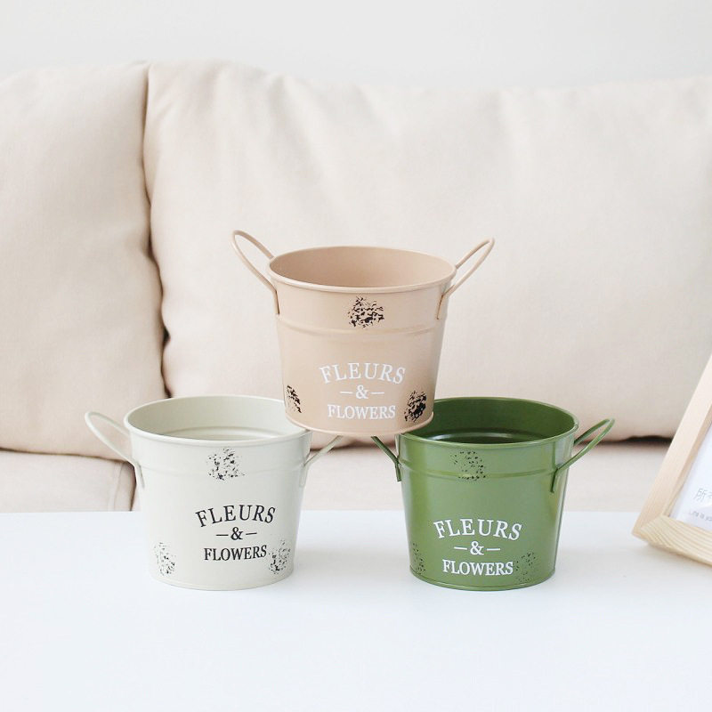 美式圆形铁皮花盆复古圆柱形创意花盆桌面装饰收纳花器桶