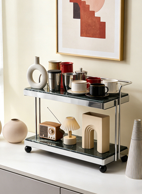 双层高级感大理石双层金属边框置物架收纳玄关化妆品水杯台面托盘