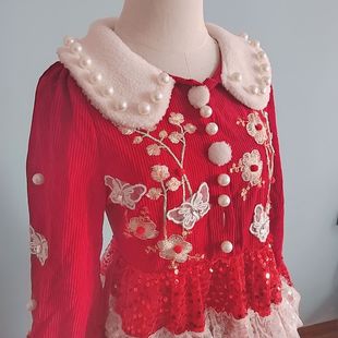 花仙子原创2023秋冬款新品单心绒妹妹公主大红毛绒绒保温圣诞裙子