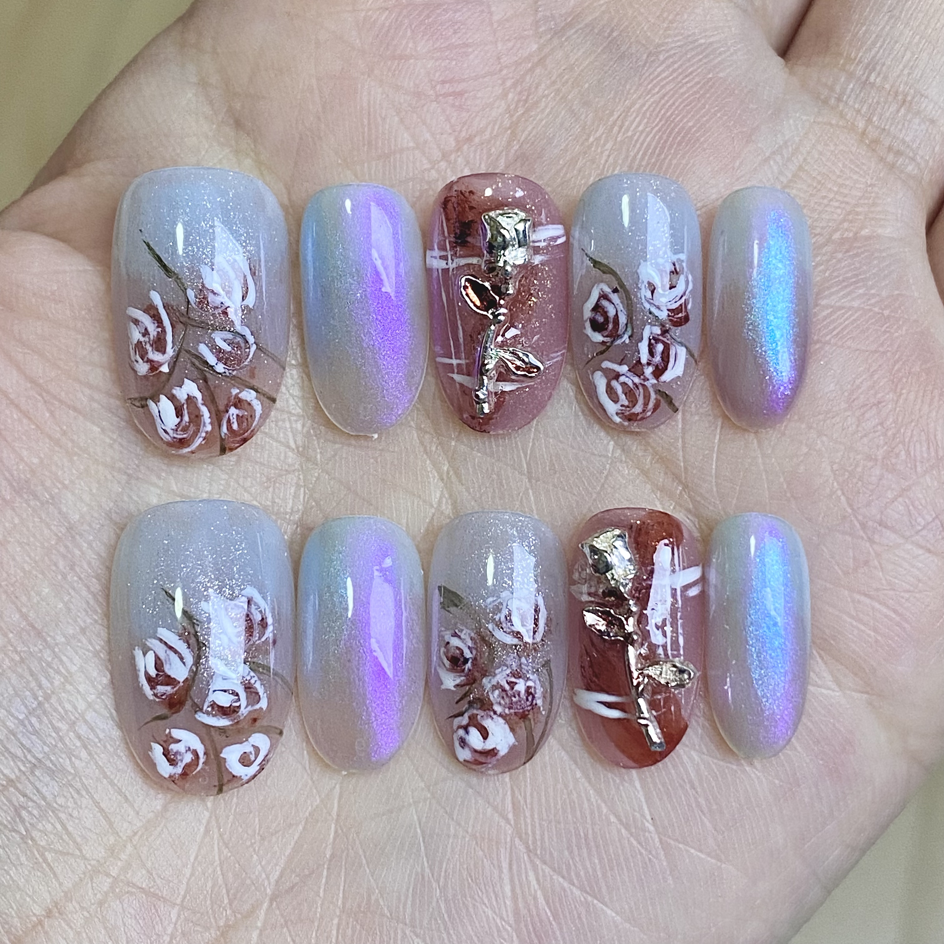 极光玫瑰复古油画手绘显白高级精穿戴甲/甲片