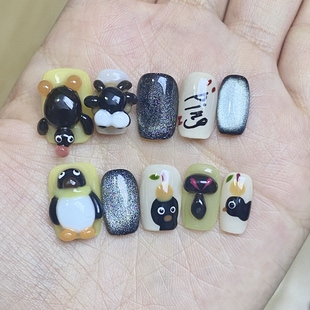 企鹅捏捏可爱显白高级精致纯手工穿戴甲短方xs码 s码