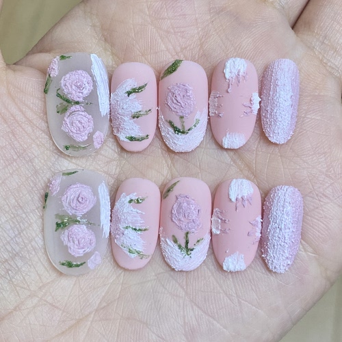 粉复古油画磨砂手绘显白高级精致纯手工穿戴甲短椭（全码）