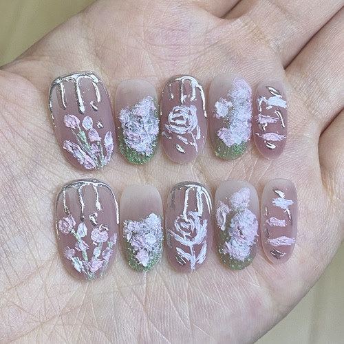 花群复古油画磨砂砂糖手绘显白高级精致纯手工穿戴甲短椭（全码）