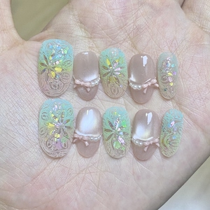 彩色转印万花筒纯手工高级精致穿戴甲短椭（全码）