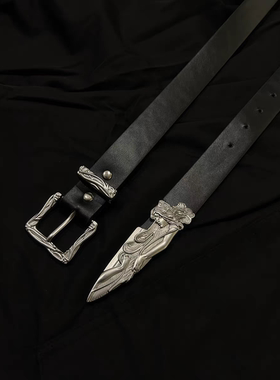 Vanan原创中古小众vintage西部雕花做旧手工断剑侠客剑道腰带