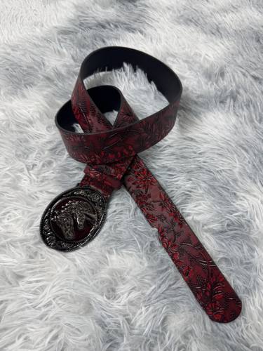 Vanan双马头暗红花纹腰带中古Vintage复古小众血红色雕花质感皮带