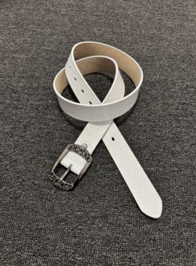 Vanan中古宫廷风二层牛皮雕花圆头针扣白色皮带 优雅简约复古腰带