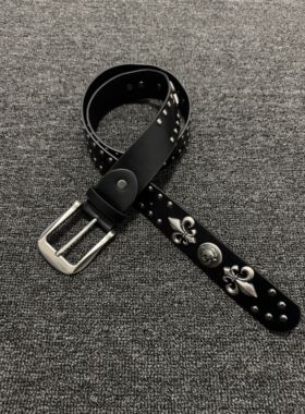 Vanan 中古重工鸢尾花真皮腰带vintage暗黑铆钉朋克质感皮带ins风