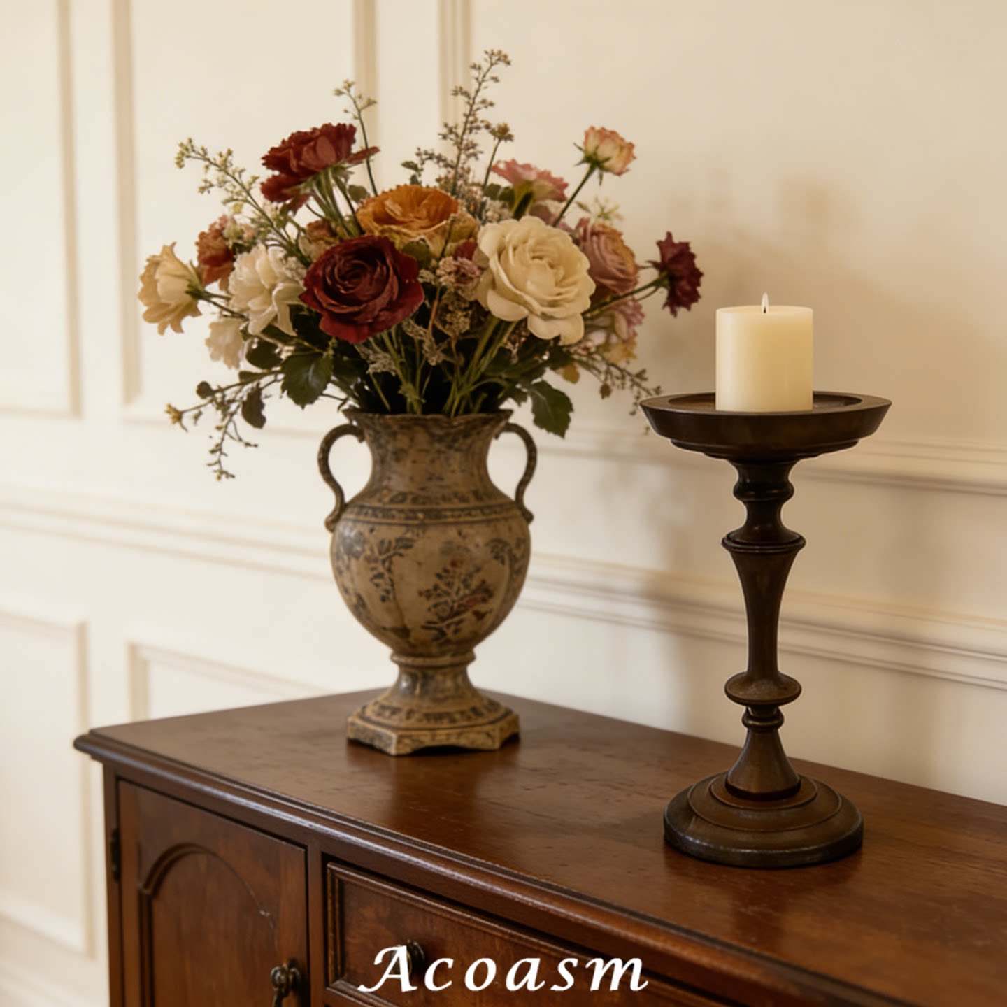 复古中古胡桃木制高脚烛台高级感欧美风实木香薰蜡烛底座家居摆件