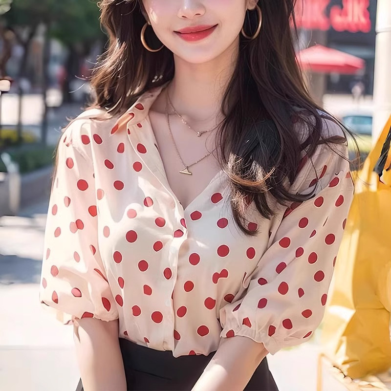夏季多巴胺红色波点衬衫衬衣女款衬衫
