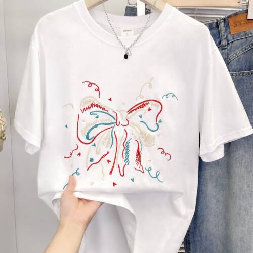 胖MM特大码300斤美式复古蝴蝶刺绣短袖T恤女夏季休闲圆领半袖上衣