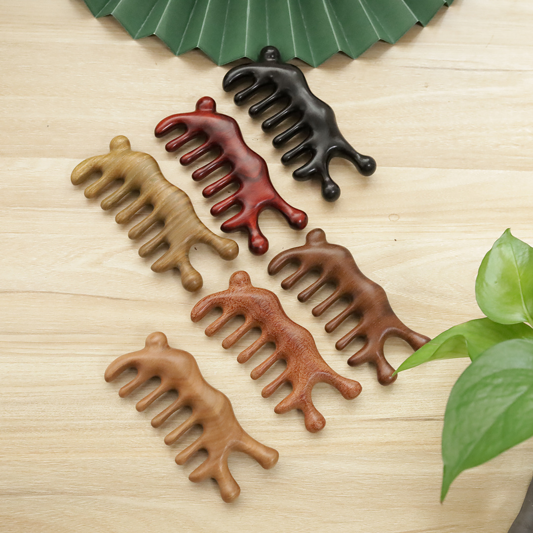 檀木大蚂蚁梳多功能五齿头部按摩梳子便携家用养生头疗按压经络梳