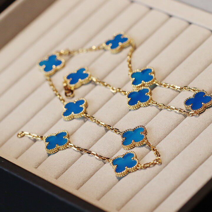 蓝色 v金四叶草10花项链天然紫玉髓镭射cnc精雕厚镀18k金