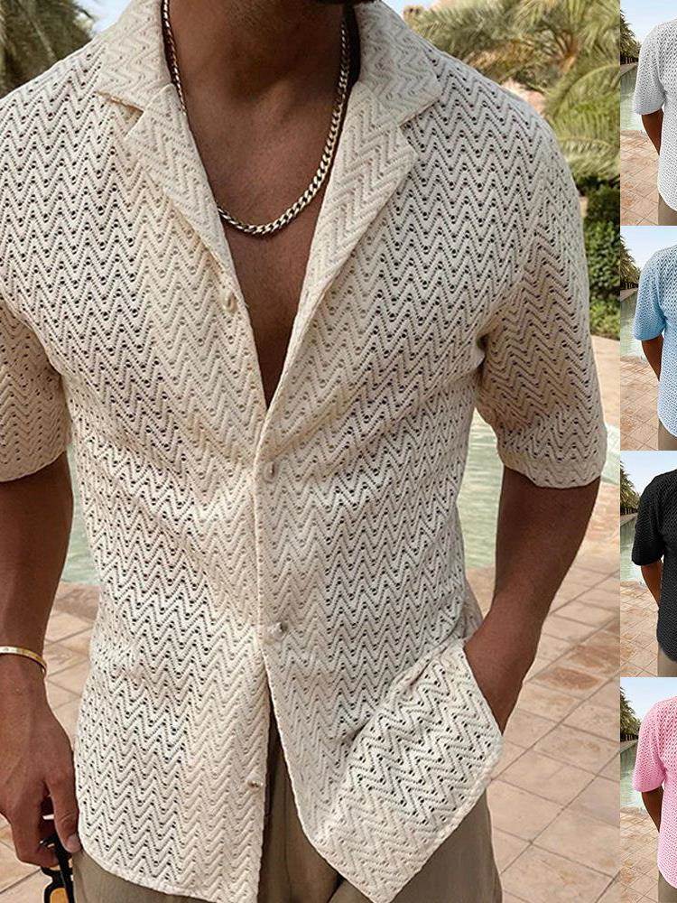 2023夏季纯色宽松翻领短袖针织上衣欧美休闲镂空衬衫Men's Shirts