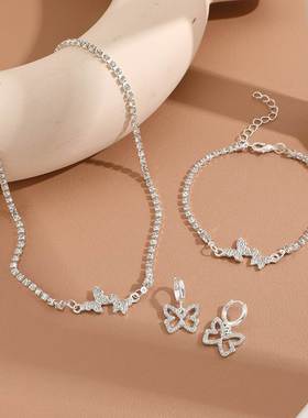 rhinestone butterfly pendant necklace earrings bracelet set