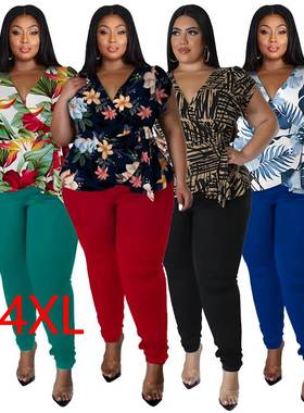Plus size fat women printed V-neck top pants two-piece set