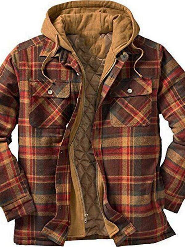 2023欧美男装秋冬加厚棉衣格纹长袖宽松连帽夹克外套潮Men's coat