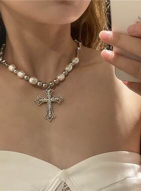 Pearl Cross Pendant Necklace Sweet Female clavicle chain项链