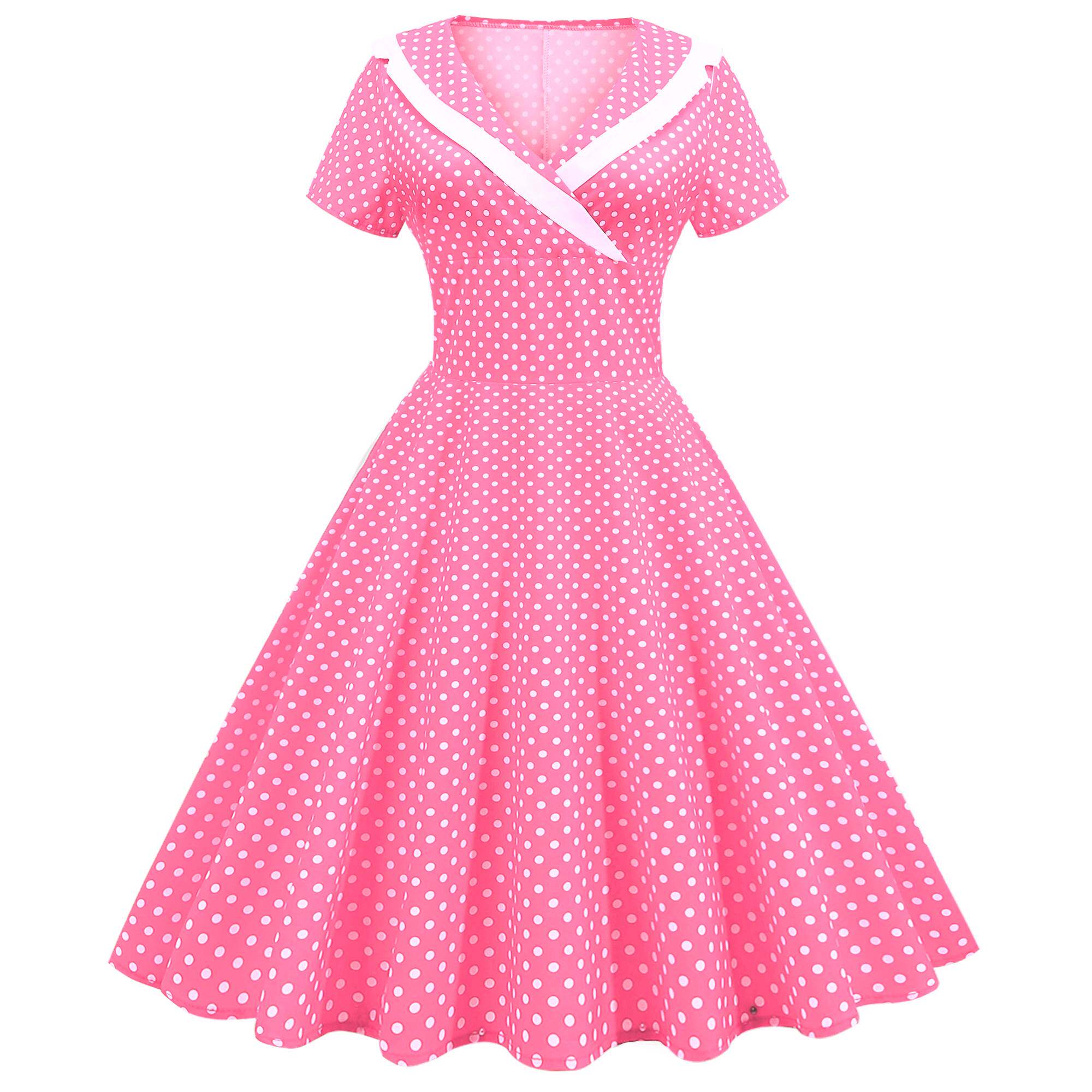 甜美夏季V领波点圆点印花修身A字短袖大摆连衣裙表演跳舞裙DRESS