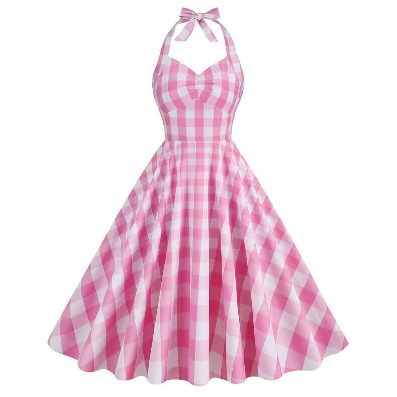 赫本风年代感气质挂脖系带小V领芭比粉格纹印花大摆连衣裙女DRESS