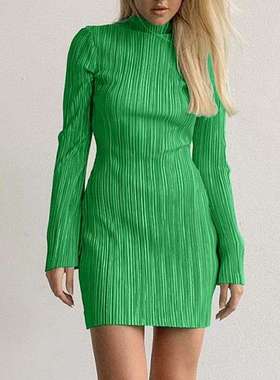 2024百褶连衣裙夏季通勤收腰绿色褶皱长袖短裙A字裙women clothes