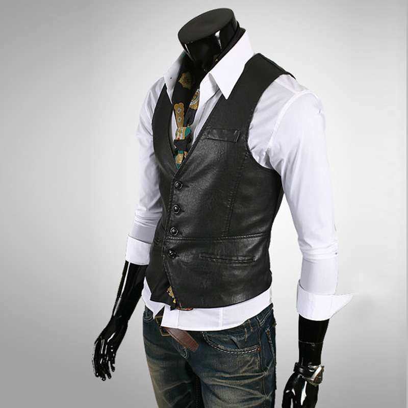 men clothes西装马夹商务休闲PU皮衣背心韩版修身男士皮马甲2024