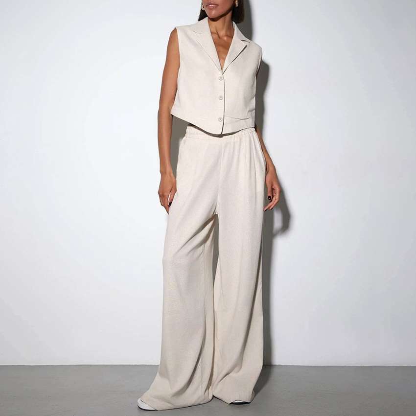 2024装马甲背心高腰阔脚裤套装纯色简约气质欧美风women clothes
