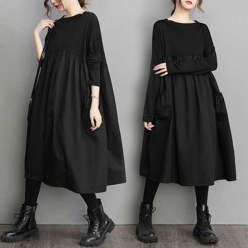 2024接高腰娃娃款黑色宽松复古大码女装长袖连衣裙women clothes