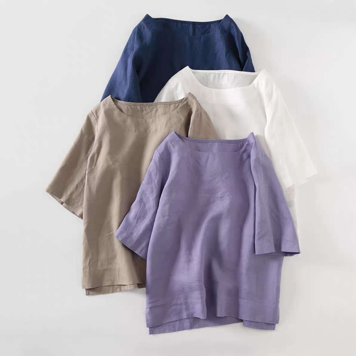 2024上衣百搭圆领五分袖半袖白T恤日系棉麻女装夏季women clothes