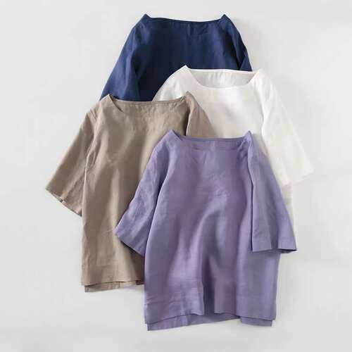 2024上衣百搭圆领五分袖半袖白T恤日系棉麻女装夏季women clothes
