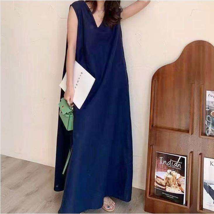 2024夏季背心裙简约纯色森女长裙V领棉麻背心连衣裙women clothes