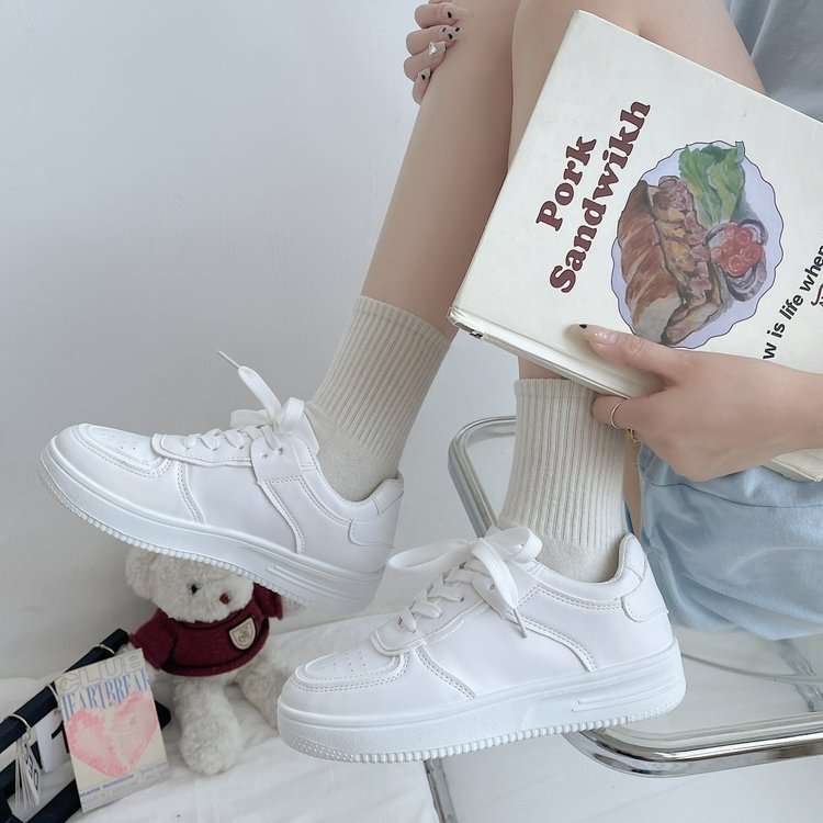 women shoes鞋韩版港风复古白搭系带厚底学院风运动小白鞋女2024