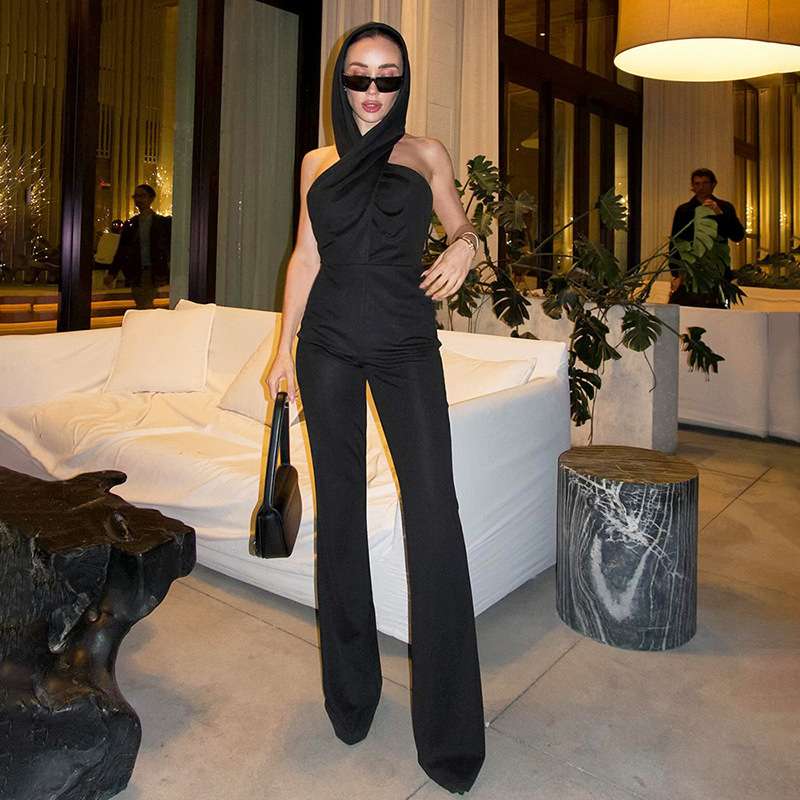 2024416欧美新款女装交叉挂脖连帽露背连体微喇长裤women clothes