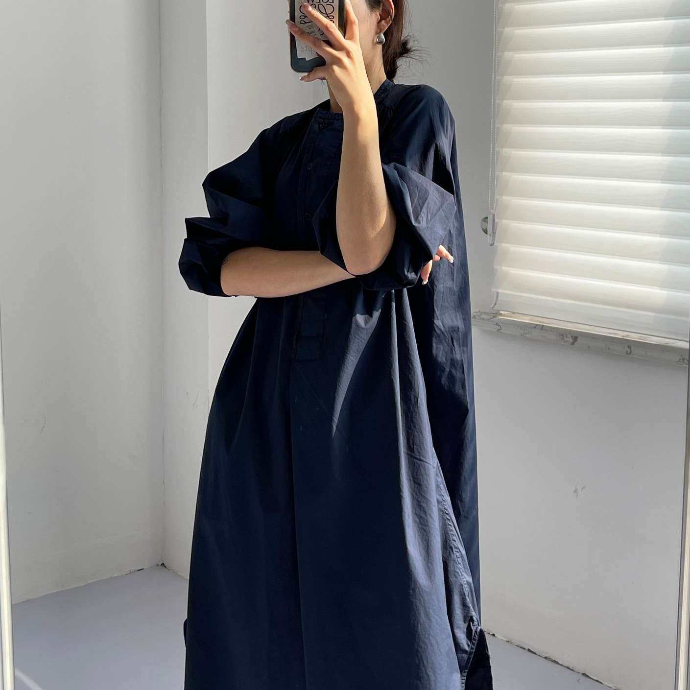 2024麻立领半门襟褶裥灯笼袖宽松A字女士衬衫连衣裙women clothes