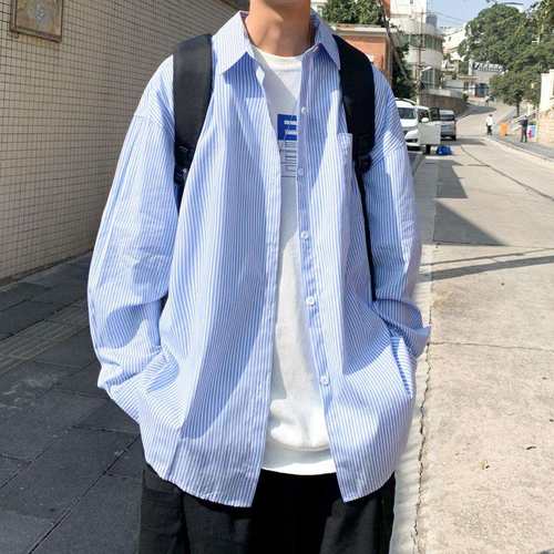 men clothes蓝白条纹男长袖韩版宽松休闲衬衣日系ins情侣外套2024