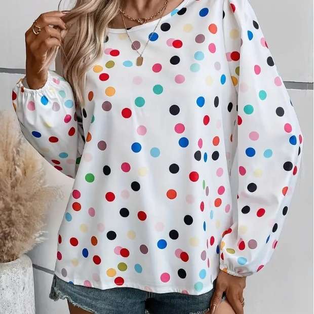 2024春季新款欧美时尚印花圆点长袖小衫衬衫women clothes