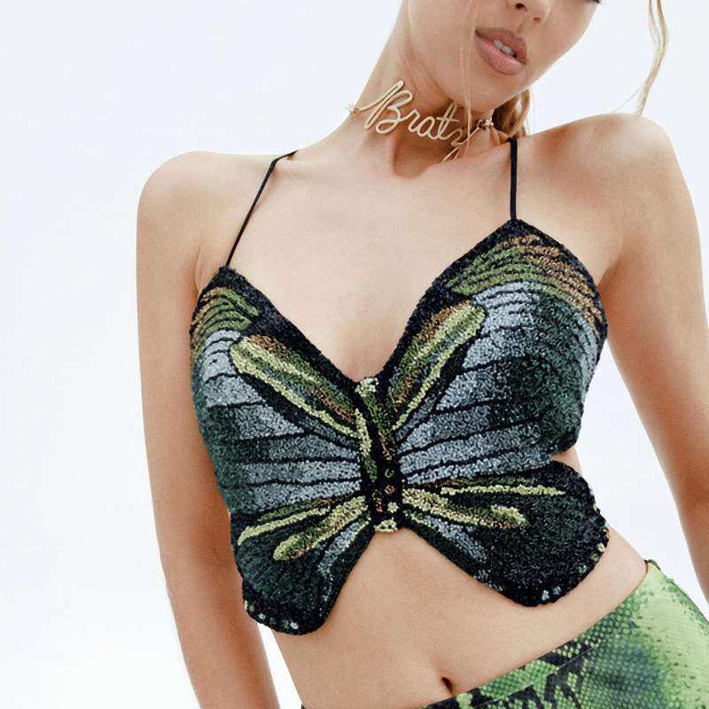 2024风装春季新款挂脖绑带大露背短款辣妹蝴蝶上衣women clothes