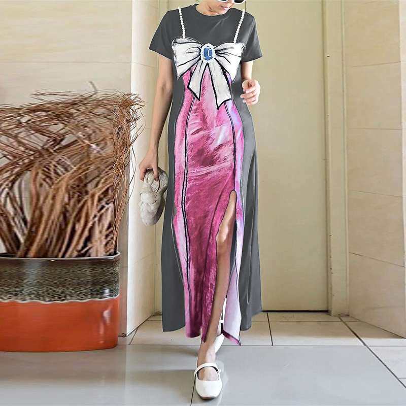 2024美女装夏季新款短袖蝴蝶结印花连衣裙高腰长裙women clothes