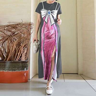 2024美女装夏季新款短袖蝴蝶结印花连衣裙高腰长裙women clothes