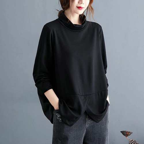 2024新款外套文艺复古休闲拼接宽松长袖T恤高领打底women clothes