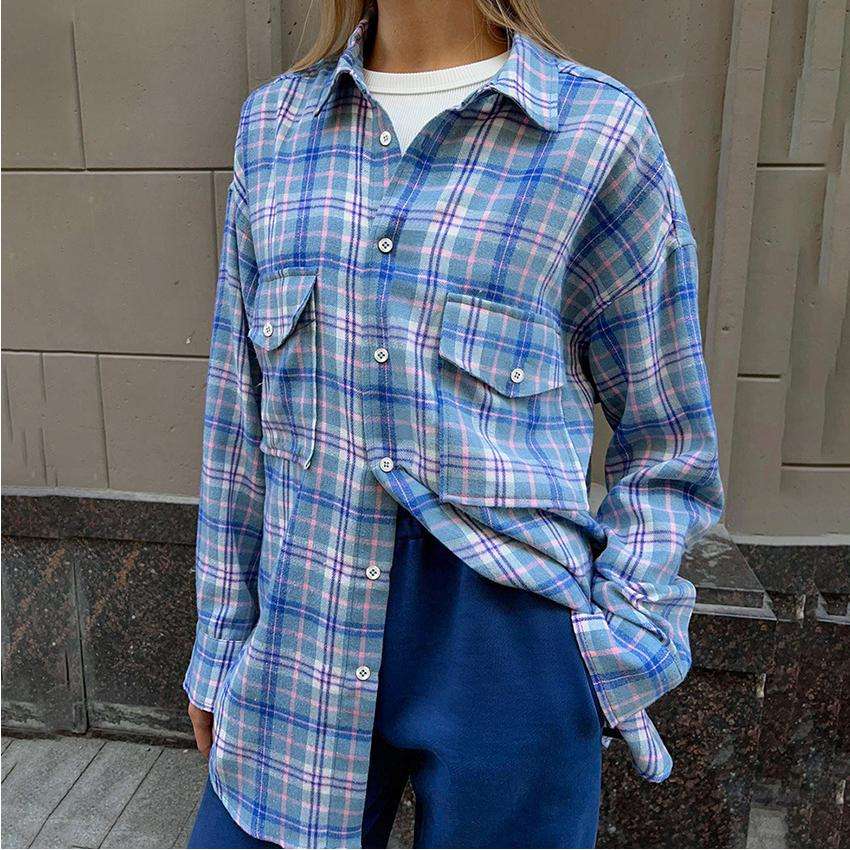 2024质格纹女式衬衫新款热卖简约宽松小众翻领长袖women clothes