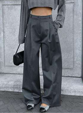 2024灰色休闲阔腿裤高腰显瘦宽松运动直筒长裤女装women clothes