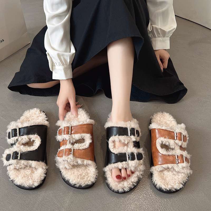 women shoes字皮带扣小众设计羊羔毛懒人居家室外毛绒棉拖鞋2024