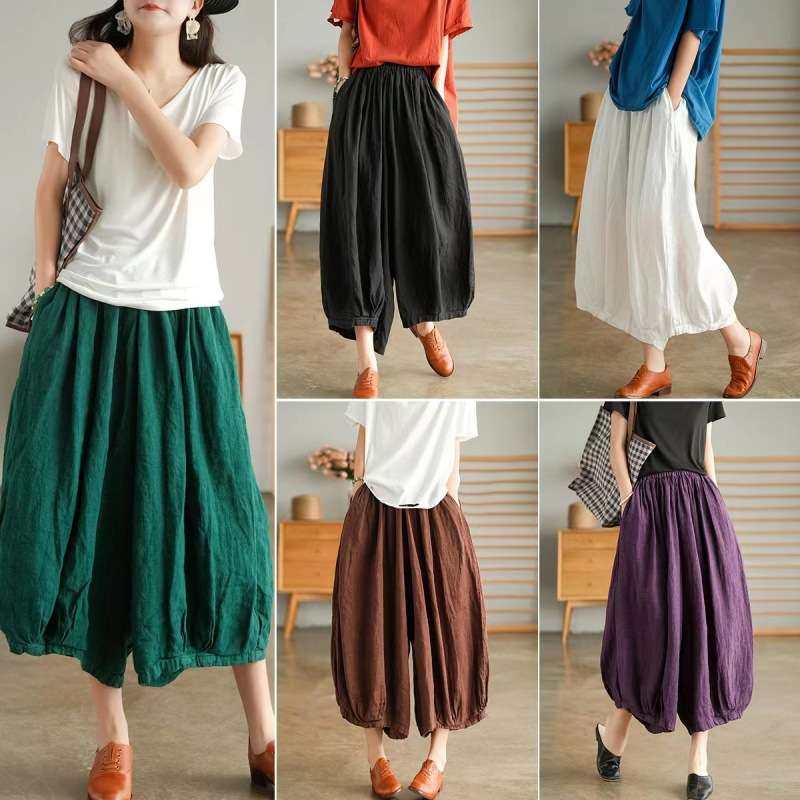 2024大码棉麻灯笼裤宽松显瘦松紧腰阔腿裤休闲裤裙women clothes
