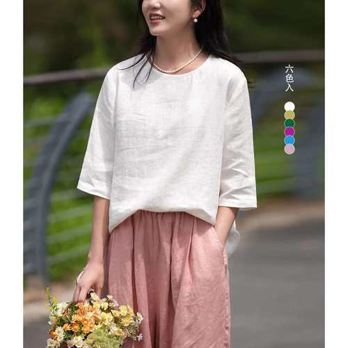 2024装多色文艺复古亚麻中袖T恤纯色显瘦百搭上衣女women clothes