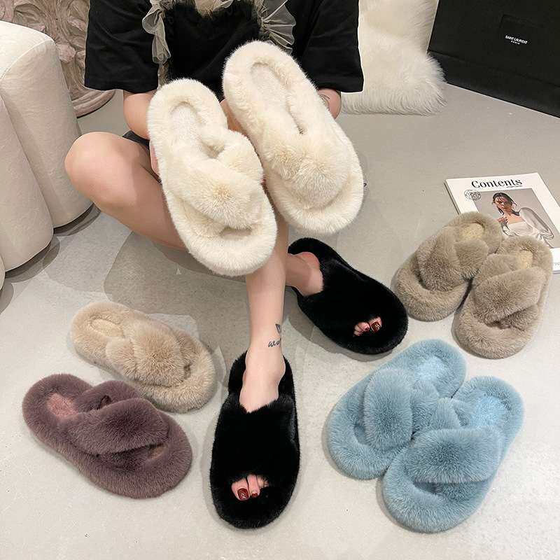 women shoes2大码秋冬新款厚底韩版交叉居家室外毛毛鞋女拖鞋2024