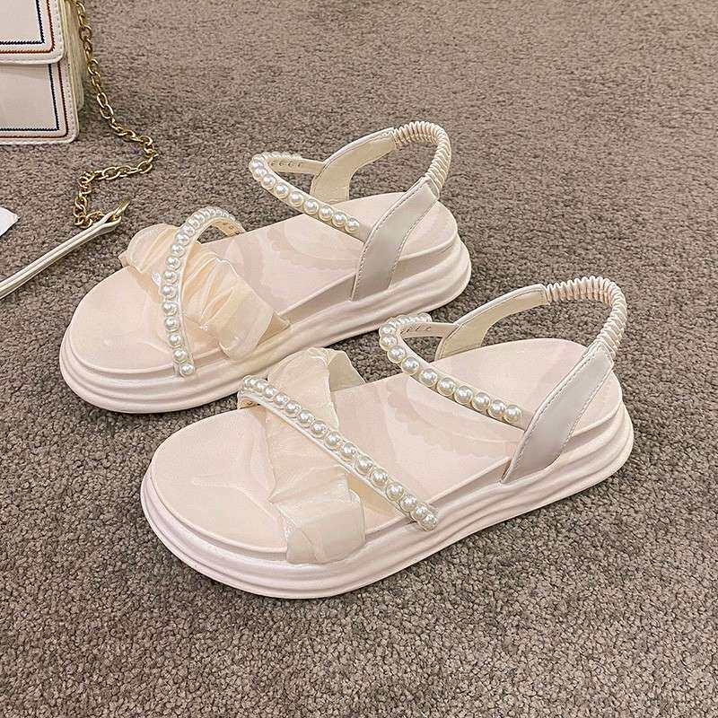 women shoes款松紧带套脚一字珍珠休闲运动小香风学生凉鞋子2024