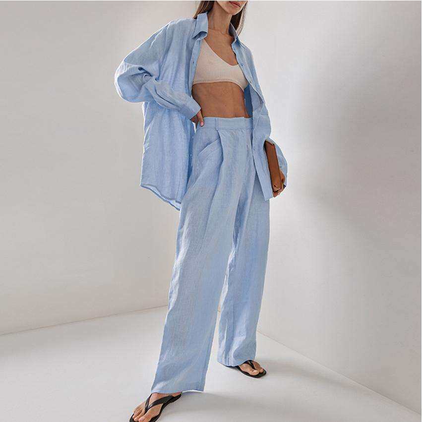 2024计感纯棉休闲套装新款简约修身衬衫长裤两件套women clothes
