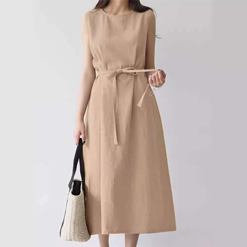 2024日韩乐天新品圆领无袖系带大码宽松棉麻连衣裙women clothes