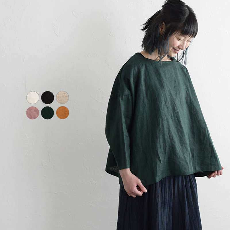 2024棉麻布简单喇叭形九分袖平纹圆领春夏秋季女士women clothes